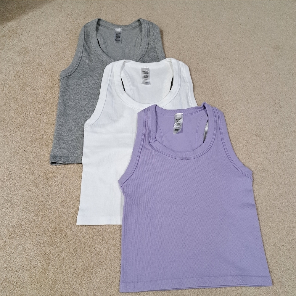Reflex Set Of 3 Tanks Racer Back Ribbed Seamless White Grey Purple Size Large